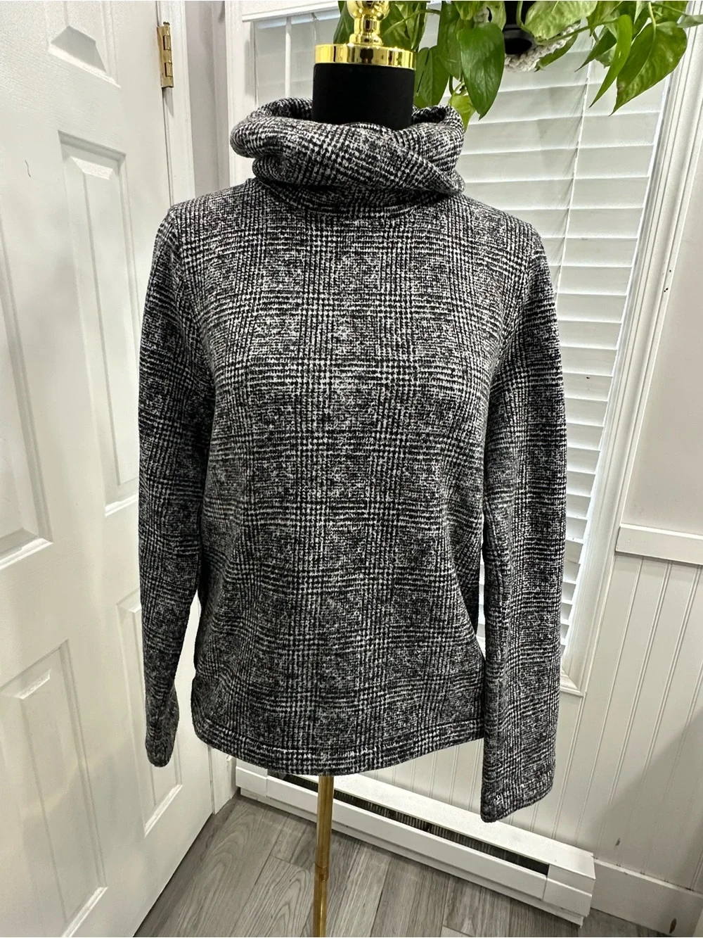 J. Crew Black and White Plaid Cowl Neck Sweater